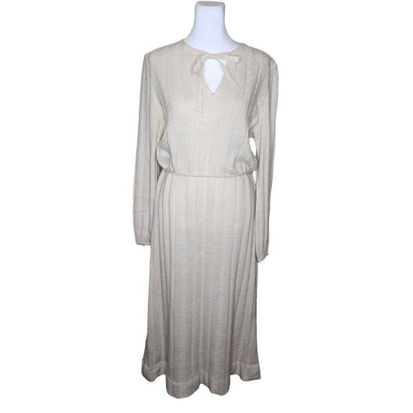 Vintage 70s Knit Sweater Midi Dress Womens Size L Cream Ivory Bow Neck - Picture 1 of 7